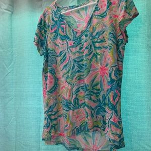 Lilly Pulitzer Pink, Blue & Green Tropical Print V-Neck Top